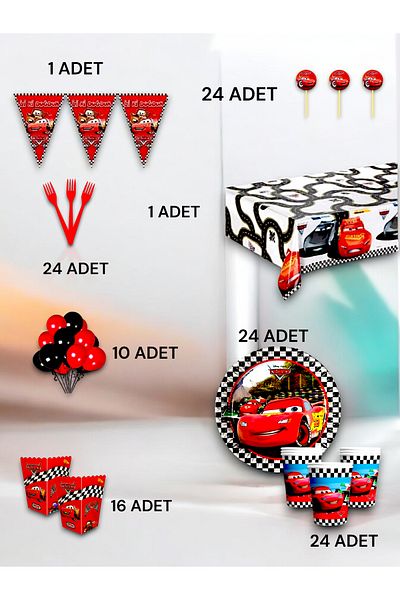 VibeHome 24 Person Cars Themed Luxury Set - Birthday Party and Fun Events