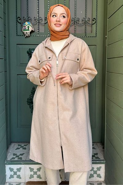 Oven Μπεζ Χρώμα Παλτό Oversize με φερμουάρ