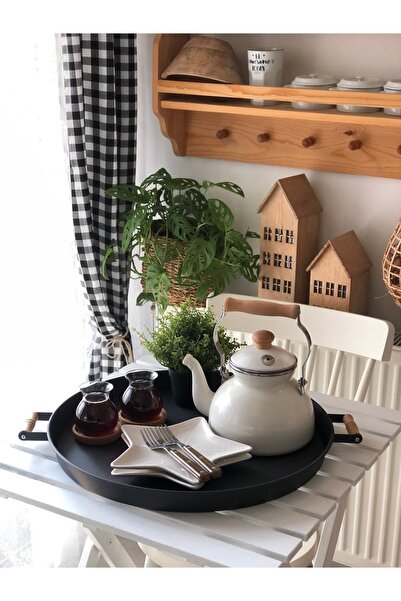 kitchen trend 3 Lü (51, 37, 30 CM) Ahşap Kulplu Metal Tepsi Çay Tepsisi Kahve Tepsisi Sunum Tepsi Seti Siyah