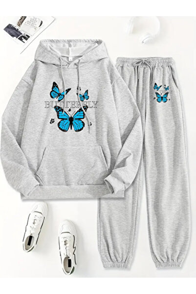 Cakkey Trend Blue Butterfly Printed Comfortable Fit Raster Sweatshirt&Jogger Tracksuit Set
