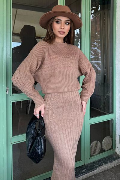 GÜLSELİ Biscuit Women's Double Knitwear Set with Blouse Dress Combination