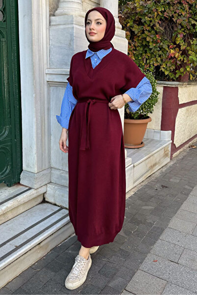 Oven Poplin Detaylı Triko Elbise - Bordo