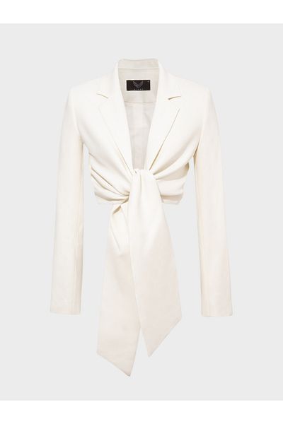 RİVUS Long Sleeve Crop Jacket with Front Tie Detail - Ecru