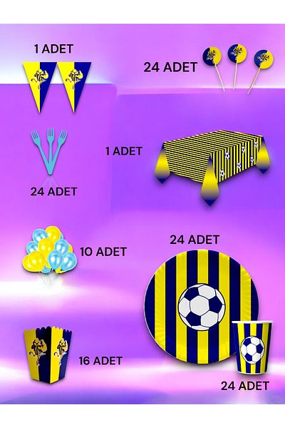 VibeHome 24 Person Navy Blue Yellow Fan Luxury Set - Birthday Party and Fun Events