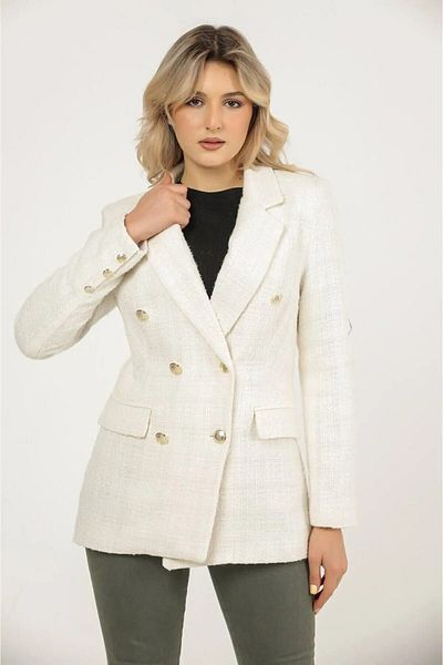 LUQ fasion New Season Ecru Double Breasted Premium Tweed Blazer Jacket