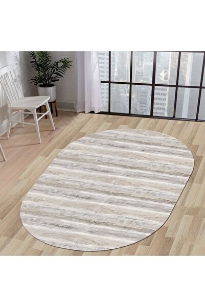 Dijidekor Halı Vizon Cool Ky7055 Yıkanabilir Oval Kesme Ince Yolluk Kilim Sal...