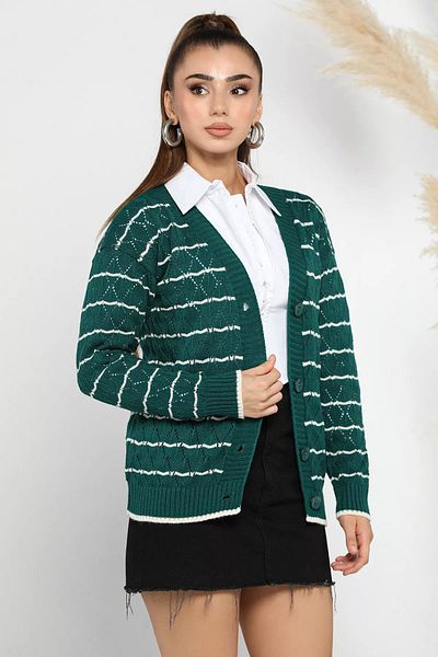 GÜLSELİ Green Striped Knitwear Women's Cardigan - Front Buttoned
