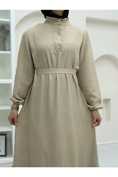 Modamorfo Beige Linen Dress - Ruffled Neckline, Button Detail Piece Skirt