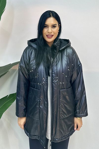 GÖKSEL Large Size Coat with Stone Detail - Black