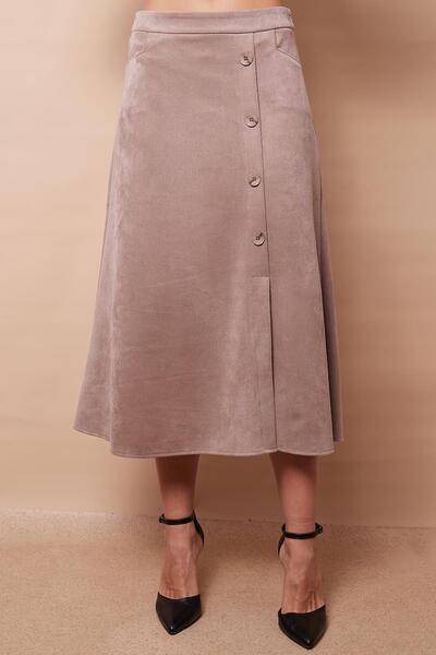 Jument Fusta lungă midi din catifea de culoare bej - buzunar german, nasturi la genunchi, fante
