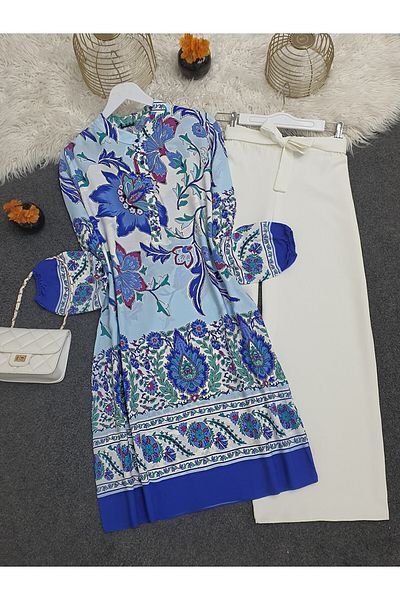 Modamorfo Saks-Tunika aus Baumwollviskose mit buntem Blumenmuster – halb geknöpft