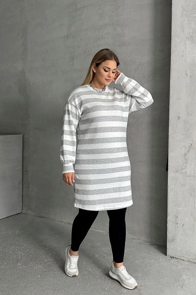 Stil Diva Plus Size Crew Neck Long Sleeve Ankle Elastic Stripe Dress 303063