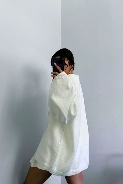 FMN Moda pulover moale de lungime medie pentru femei, supradimensionat, cu mâneci evazate, tricot cu mâneci evazate