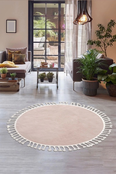 Dijidekor Peluş Halı Pembe Cool Saçaklı Yuvarlak Kesme Post Yolluk Kilim Salo...