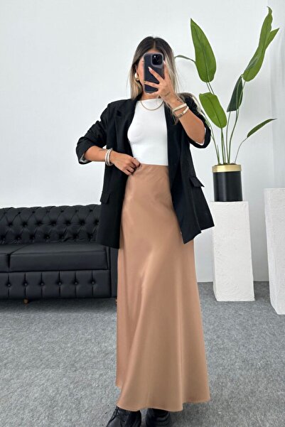 MODA UGS ŞIK Saten Kumaş Beli Lastikli Uzun ÇAN Etek