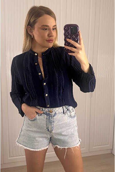 MİR STORE Блискучий тонкий трикотажний кардиган з деталями синього кольору