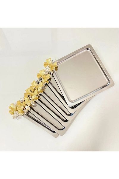 BİMOTE Set of 6 Square Silver Butterfly Pattern Stainless Steel Presentation Tray - Coffee Decorative Serving