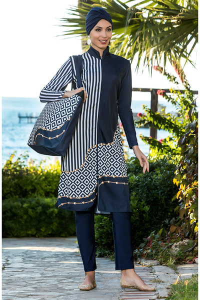 Armes Kadın Lacivert Tasarım Gold Tam Kapalı Tesettür Mayo