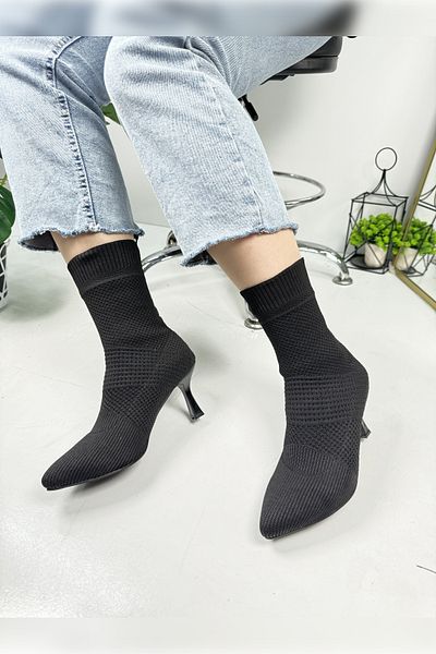 Allyup Tricotaje negre pentru femei Sosete varf ascutit Tocuri groase Cizme elastice fara fermoar Confortabile Flexibile 215