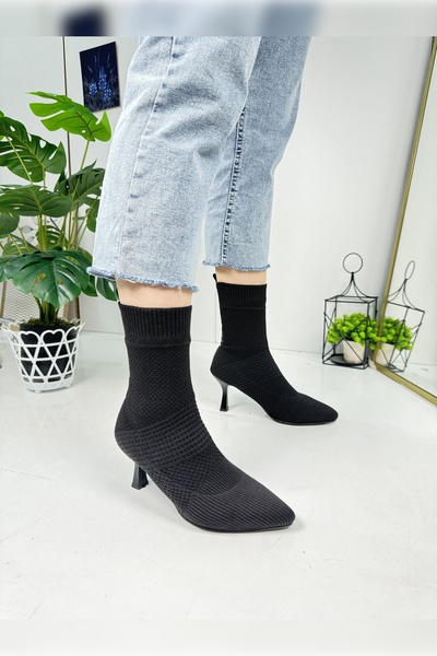 Allyup Kadın Siyah Triko Çorap Sivri Burun Kalın Topuklu Fermuarsız Streç Çizme Rahat Esnek 215