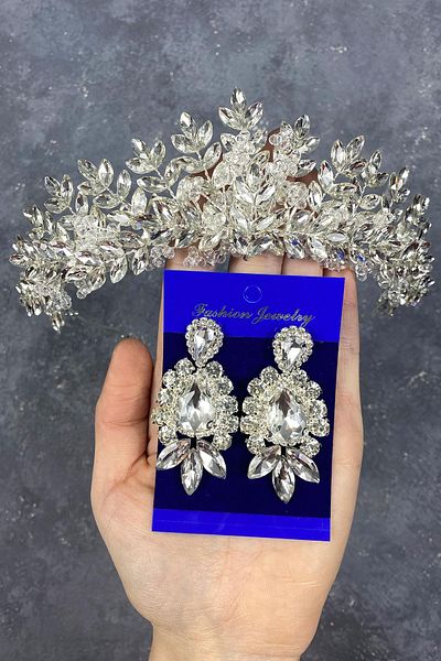 Hayalperest boncuk Asleny Bridal Crown and Shuttle Earring Set - Bead Embroidered