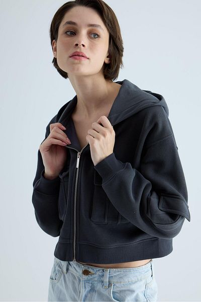 TUBİA Women's Anthracite Gusseted Pocket Detailed Hooded Crop Cardigan