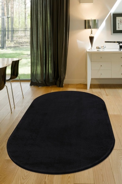 Dijidekor Peluş Halı Siyah Cool Yıkanabilir Oval Post Kesme Yolluk Kilim Salo...