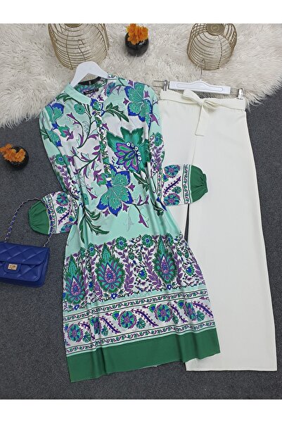 Modamorfo Green Cotton Viscose Tunic - Floral Print, Half Button