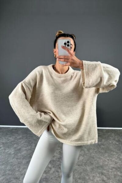 FMN Moda Women Oversize Loose Fitting Pinterest Wide Sleeve Knit Knitwear O-Neck Medium Length Soft Sweater