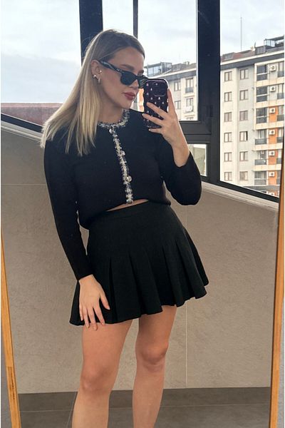 MİR STORE Tweed Embellished Special Processing Button Black Cardigan