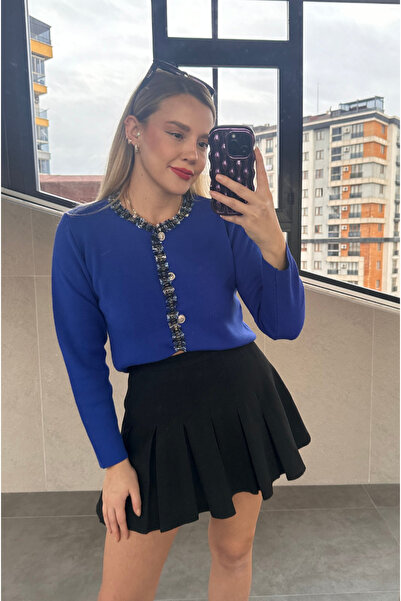 MİR STORE Tüvit Süslemeli Özel İşleme Düğmeli Saks Mavi Hırka