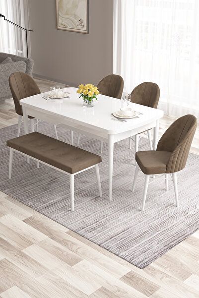 Canisa Roz Serisi 80x132 Mdf Beyaz Masa Takımı 4 Kahverengi Sandalye Ve 1 Bench