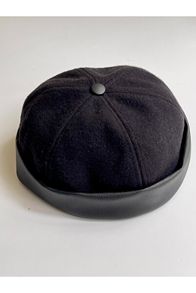 Rupen Kraft Unisex Adjustable Cap Docker Hat - Retro Collar, Leather Detailed Woolen Skullcap Hat