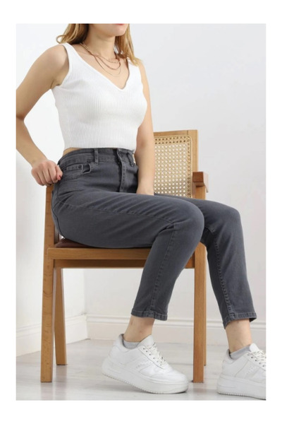 BEES JEANS Andrea Gri Mom Jean Yüksek Bel Boyfriend Kot Pantolon