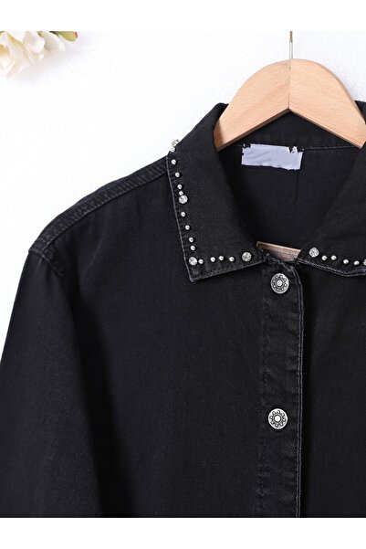 Modamorfo Τζιν μπουφάν με πέτρα στο γιακά και στις τσέπες - Μαύρο