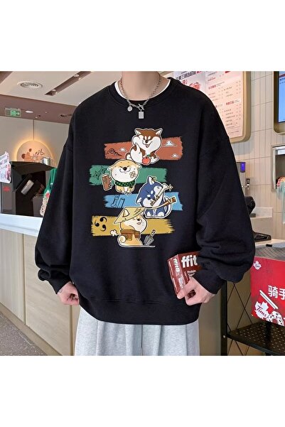 Drippy Мъжки пуловер - японски анимационен куче, памук, дълъг ръкав, принт с ...