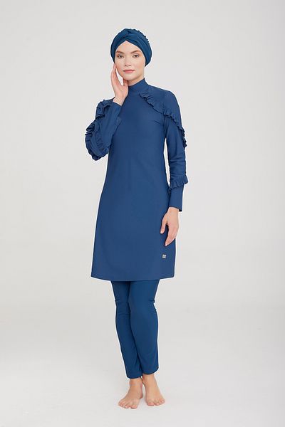 Remsa Mayo Ruffle Design Lycra Fully Covered Hijab Swimsuit Mırına 4104 Light Navy Blue