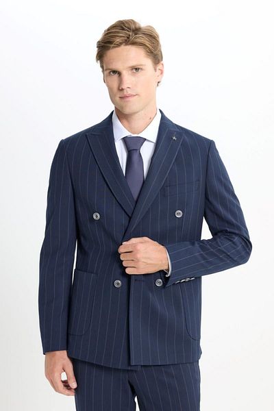 ALTINYILDIZ CLASSICS Slim Fit Slim Fit Swallow Neck Striped Flap Pocket Stretchy Navy Blue-Grey Suit