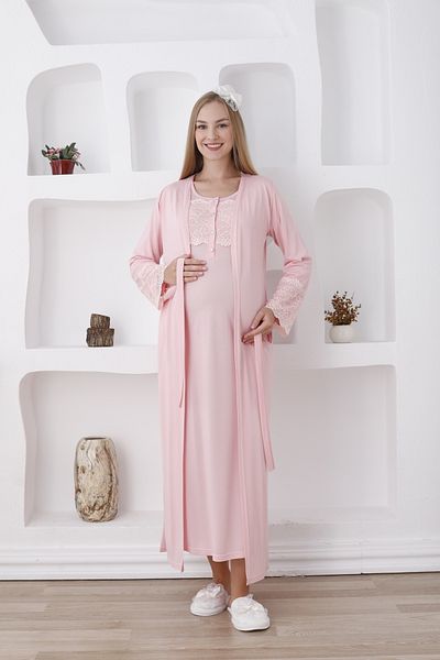 ERDENİZ TEKSTİL Maternity Long Sleeve Maternity Button Collar Nightgown Set of 2 with Guipure Detail