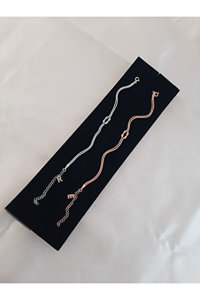 klas gümüş Gümüş Harfli Düğüm Çift Bileklik Rodaj/Rose Sevgili | Arkadaş Bile...