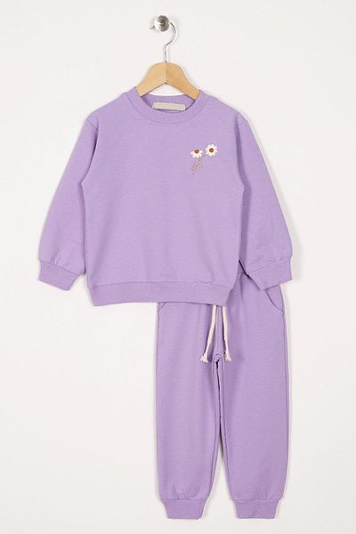 zepkids Set de trening pentru fetiță, cu mânecă lungă, cu decolteu, broderie cu margarete, culoare liliac