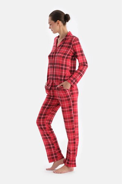 Dagi Red Plaid Thermal Shirt Pants Pajama Set