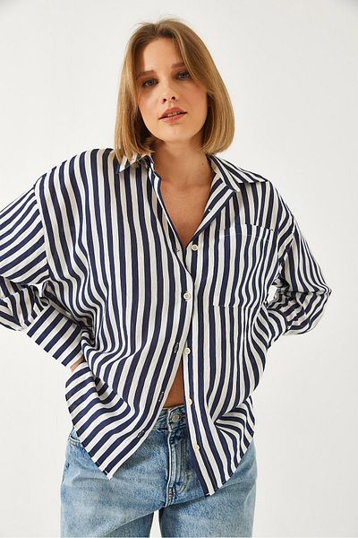 Bianco Lucci Damen-Oversize-Shirt mit einer Tasche, gestreift, G1008 60261157