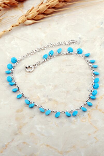 Sümer Telkari Turkuaz Taşlı Sallantılı Rodyumlu Gümüş Bileklik 4734