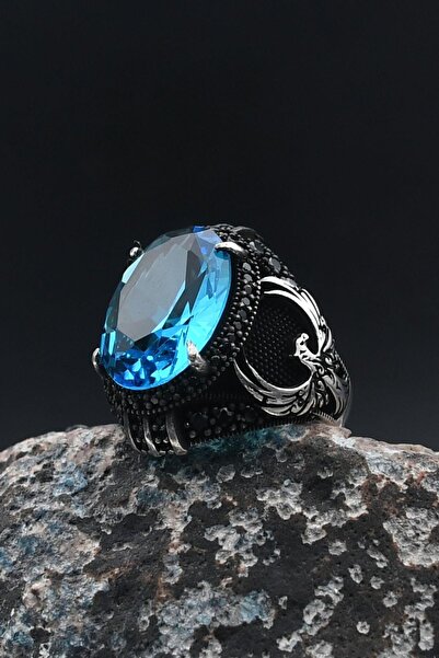 Prestige Anka Kuşu Figürlü ( AQUA MARİN ) Akua Marine Taşlı 925 Ayar Gümüş Er...