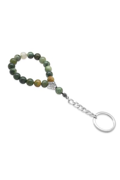 Tesbihane Moss Agate Natural Stone Steel Rosary Keychain