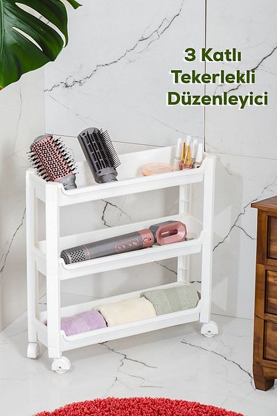 Porsima RAFTY-65-1 White Wheeled 3 Tier Organizer Κουζίνας Μπάνιου - 46,5 x 14,5 x 48 cm