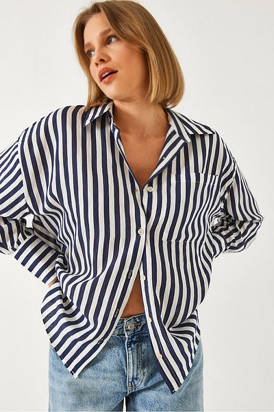 Bianco Lucci Damen-Oversize-Shirt mit einer Tasche, gestreift, G1008 60261157
