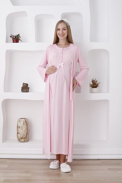 ERDENİZ TEKSTİL Cotton Long Sleeve Maternity-Maternity Nightgown with Dressing Gown 2-Piece Set