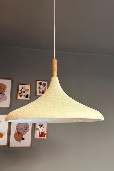 Bamyum 45 cm Çaplı XL Dokulu Açık Krem Ahşap Başlık Avize Tekli Sarkıt Restor...